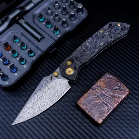 Kansept K1034v1 Fenrir Pocket Knife 3.48ftft Damascus Harpoon Sharp Blade Shred Carbo